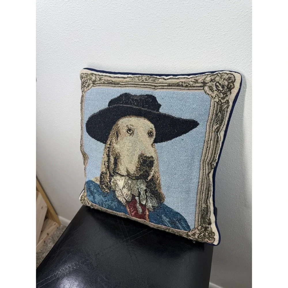 Vintage Whimsical Woven Tapestry Bloodhound Dog Portrait Throw Pillow 15x15 Blue